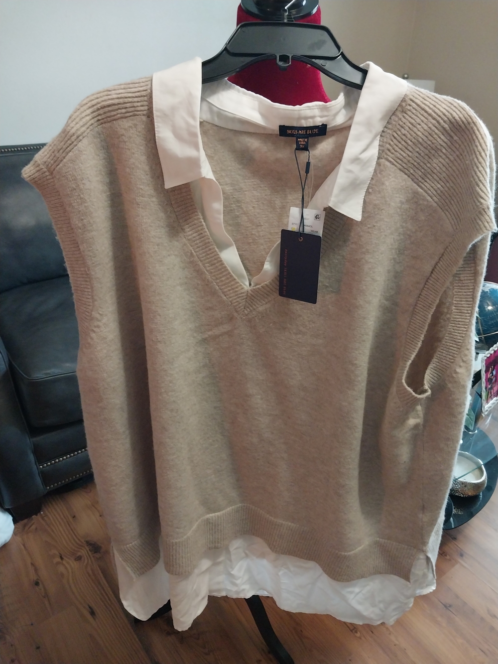 NIC+ZOE Beige V-Neck Layered Sweater with White Shirt Detail